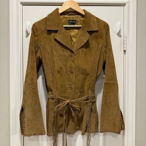 Vtg Y2K Wet Seal Leather Jacket Women’s Sz L Brown Suede Fringe Boho Western 70s